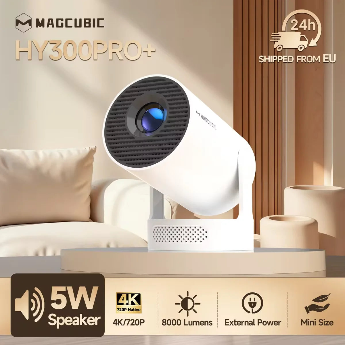 Magcubic HY300 Pro+ 4K Outdoor Projector 8000 Lumens Android 11 WiFi 6 BT5.4 Portable 5W HiFi Speaker 720P HD